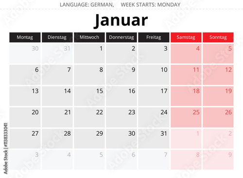 German calendar for January 2025. Vector illustration of a winter month for Germany