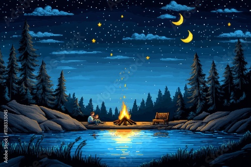 A pixel art representation of a family gathered around a campfire under the stars, with animated flames and twinkling pixel stars adding a nostalgic charm photo