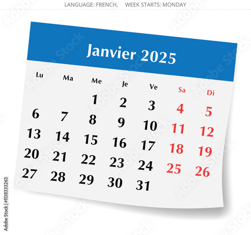 French calendar for January 2025. Vector illustration of a winter month paper page for France