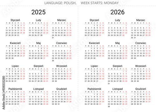 2025 and 2026 years polish calendars. Printable vector illustration for Poland