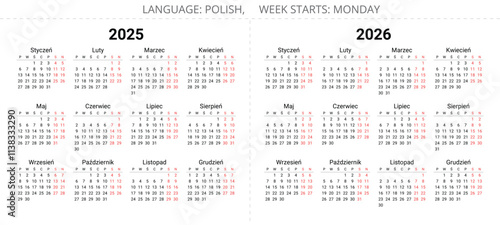 2025 and 2026 years polish calendars. Printable vector illustration for Poland