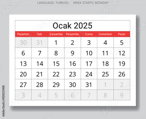 Page of Turkish calendar for January 2025 - takvim ocak. Vector illustration winter month for Turkey