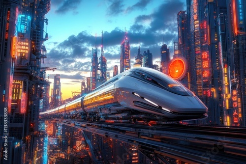 Futuristic high-speed train traversing a neon-lit cyberpunk cityscape at dusk. photo