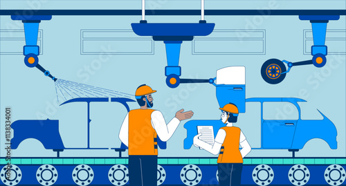 Manufacturing automobile industry flat illustration. Auto factory workers supervising assembling motor vehicles 2D characters cartoon background. Automaker process scene vector storytelling image