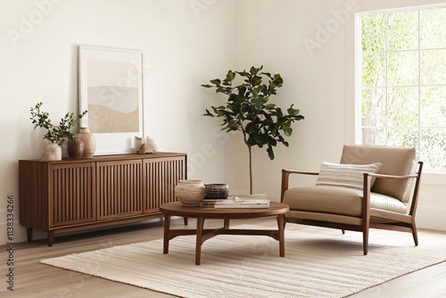 Stylish living room interior with brown sofa, plants and modern decor. Modern home design in neutral colors. Scandinavian style, contemporary style. Mocha mousse - color 2025 photo