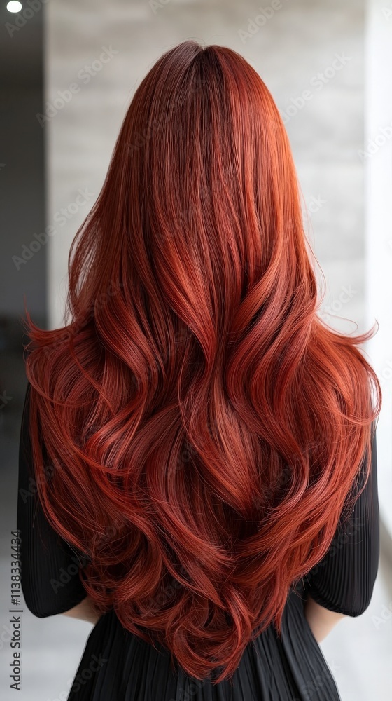 A velvet red hairstyle styled in smooth, cascading waves for a luxurious appearance. A velvet red hairstyle styled in smooth, cascading waves for a luxurious appearance.