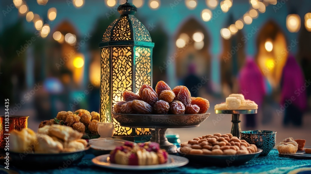 Vibrant Evening Market with Traditional Sweets and Lanterns Vibrant Evening Market with Traditional Sweets and Lanterns