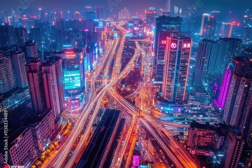 Vibrant aerial night view of a sprawling city with illuminated skyscrapers and busy highways. photo