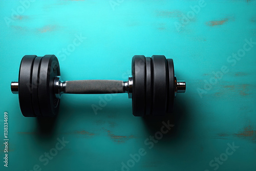 Black dumbbell on teal wood background. photo