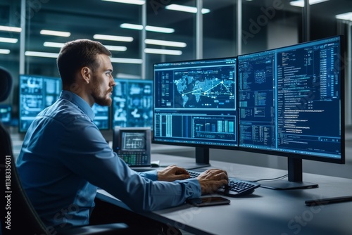 Cybersecurity Analyst Working on Multiple Monitors in a Dark Office