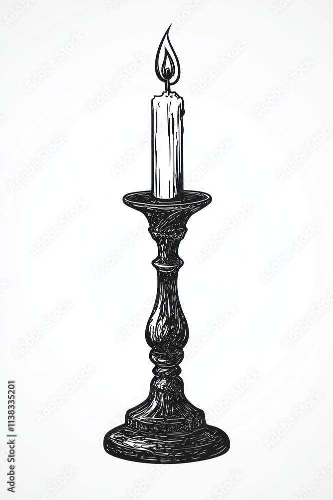 Hand-drawn sketch of a lit candle on a candlestick holder. Hand-drawn sketch of a lit candle on a candlestick holder.