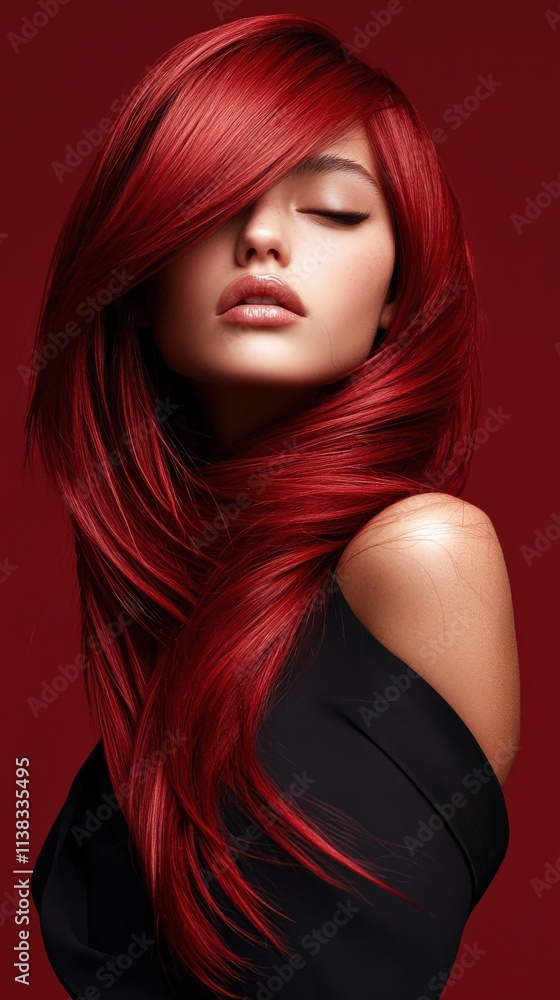 Fototapeta premium A ruby red hairstyle with a glossy finish, perfect for a bold look.