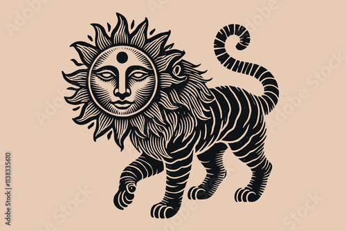 Mystical sun with face and tiger, vintage engraving, black line art