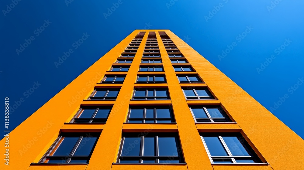 Reaching for the Sky: A vibrant orange skyscraper stretches towards a brilliant blue sky, creating a striking architectural image with strong geometric lines and a sense of ambition. Reaching for the Sky: A vibrant orange skyscraper stretches towards a brilliant blue sky, creating a striking architectural image with strong geometric lines and a sense of ambition.