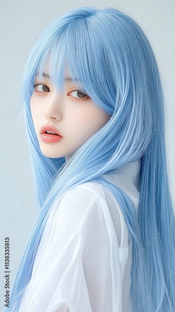 A powder blue hairstyle styled in sleek, long layers for a soft, ethereal look. A powder blue hairstyle styled in sleek, long layers for a soft, ethereal look.