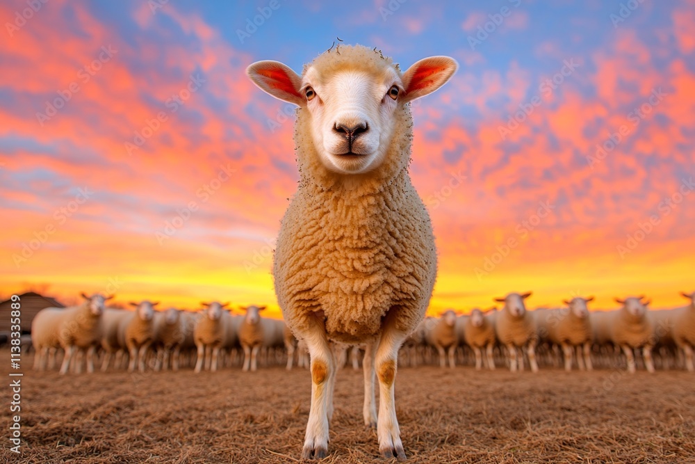 Obraz premium A shepherd counting ewes as they enter a corral, with a backdrop of a rustic farmhouse and a vibrant sunset