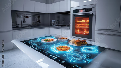 futuristic kitchen with AI enabled appliances and smart cooking features