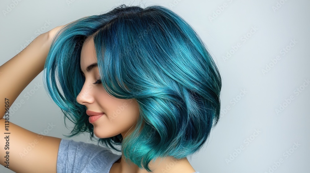 A peacock blue hairstyle styled in layers, shimmering with hints of green. A peacock blue hairstyle styled in layers, shimmering with hints of green.