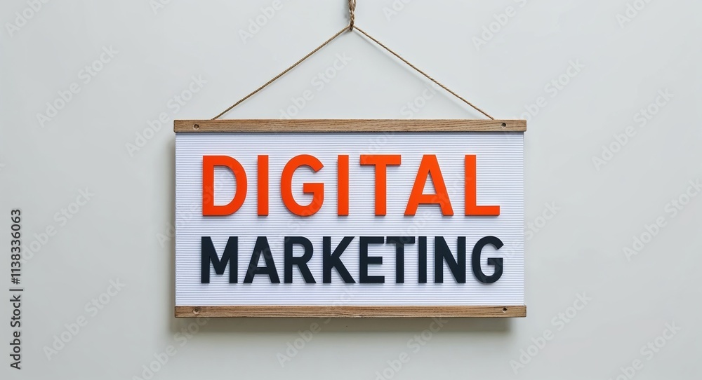 digital marketing lettering on hanging sign board on plain white background digital marketing lettering on hanging sign board on plain white background
