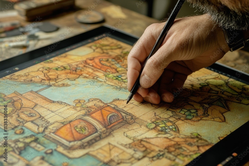 Digital Artist Creating Fantasy Map on Tablet Digital Artist Creating Fantasy Map on Tablet
