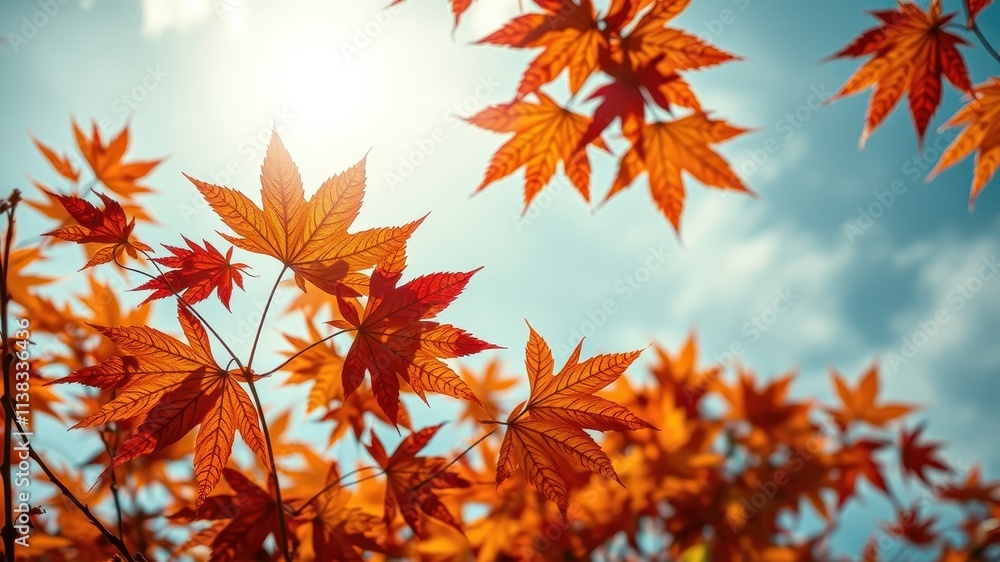 Orange and red leaves against a bright blue sky with fluffy white clouds in the background. Orange and red leaves against a bright blue sky with fluffy white clouds in the background.
