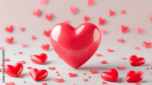 3d red hearts on a white background. many red hearts. Greeting banner for love day with cute red bubble 3d effect levitation hearts. Valentine's Day concept.