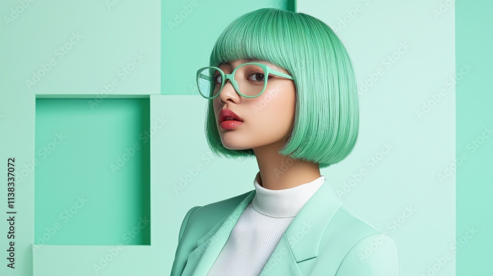A mint green hairstyle styled in a straight bob, vibrant and fresh. A mint green hairstyle styled in a straight bob, vibrant and fresh.