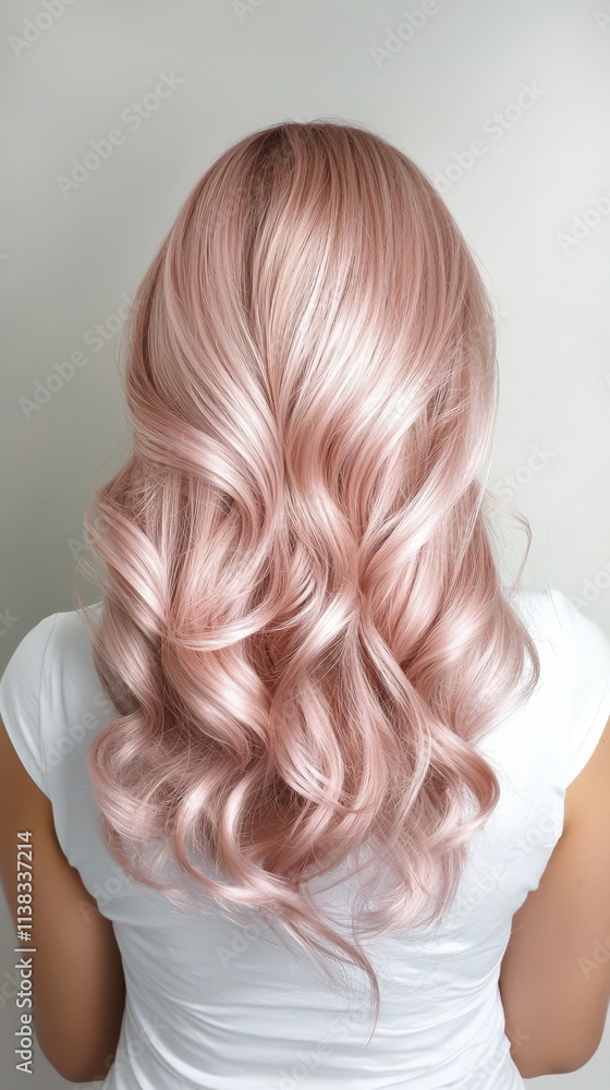 A metallic rose silver hairstyle styled in loose curls with an elegant shine.