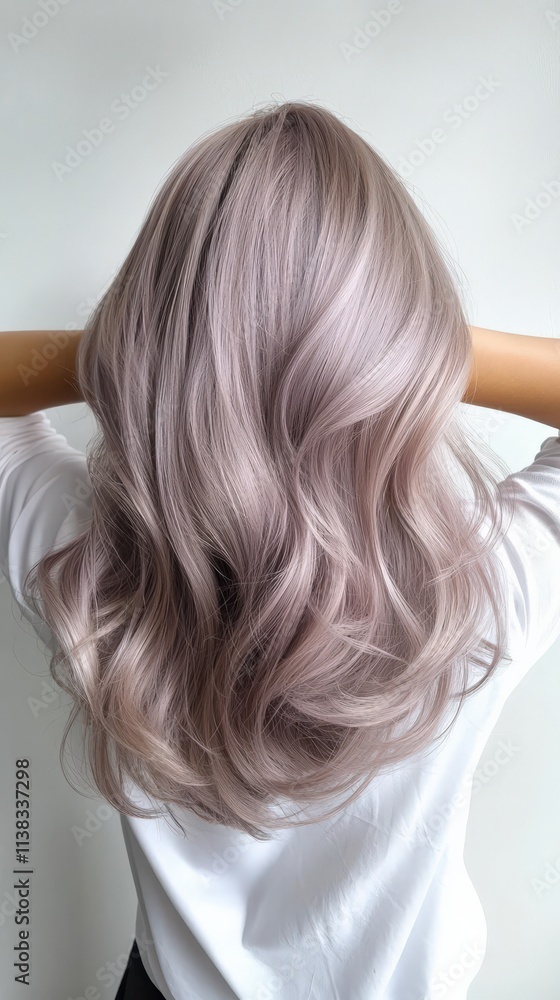 Naklejka premium A metallic rose silver hairstyle styled in loose curls with an elegant shine.