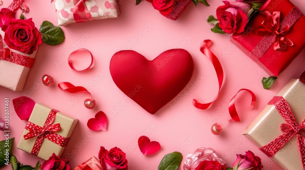 Ribbon in shape of heart with gift boxes and rose flowers on pink background. Romantic flat lay composition, with copy space Ribbon in shape of heart with gift boxes and rose flowers on pink background. Romantic flat lay composition, with copy space