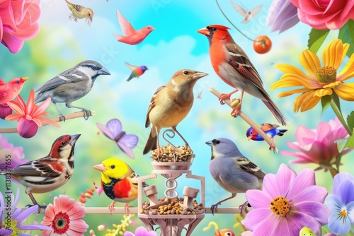 a bird feeder with many birds around it