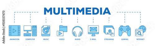 Multimedia infographic icon flow process which consists of e-mail, video, audio, internet, streaming, gaming, music, computer, animation icon live stroke and easy to edit .