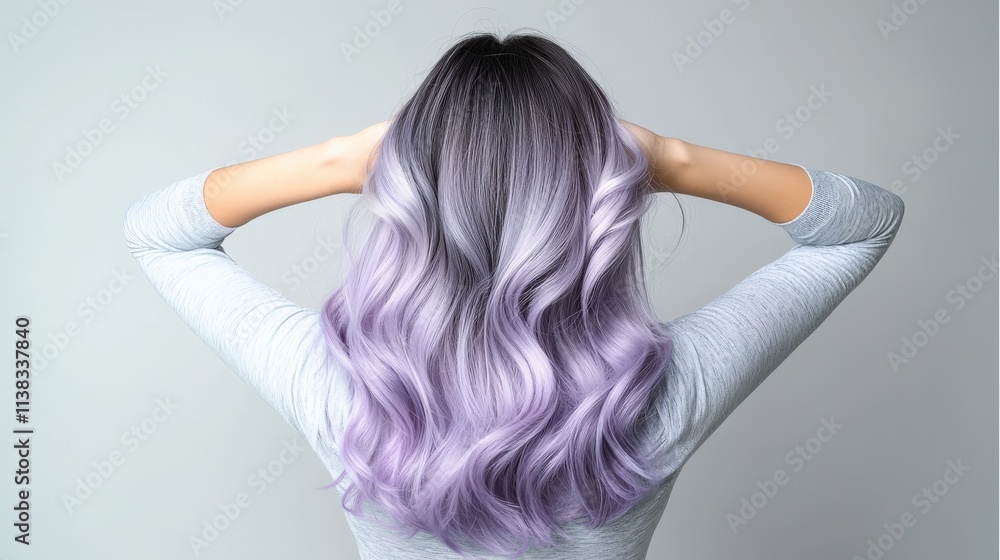 A lavender grey ombre blending seamlessly from dark roots to pastel ends. A lavender grey ombre blending seamlessly from dark roots to pastel ends.