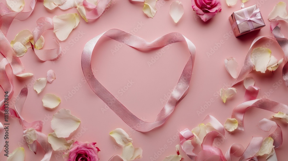 Ribbon in shape of heart with gift boxes and rose flowers on pink background. Romantic flat lay composition, with copy space Ribbon in shape of heart with gift boxes and rose flowers on pink background. Romantic flat lay composition, with copy space