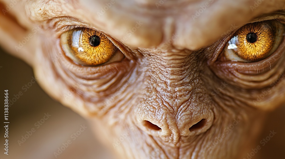 Close-up of a mysterious alien creature with striking golden eyes, showcasing intricate textures and features. Close-up of a mysterious alien creature with striking golden eyes, showcasing intricate textures and features.
