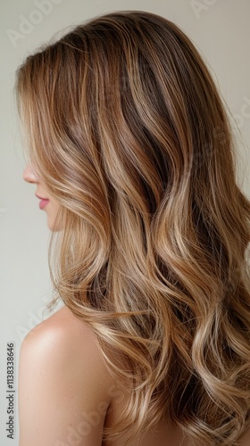 A golden brown balayage, with radiant highlights catching the light.
