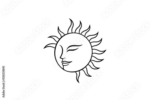Retro Modern Celestial Design: Engraved Illustration Featuring Sun and Moon.