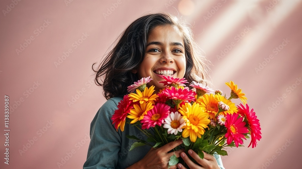 Smiling young woman holding a colorful bouquet of flowers. Smiling young woman holding a colorful bouquet of flowers.