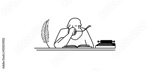 Vintage modern hand-drawn set of a poet with a typewriter, an open book, and a quill.