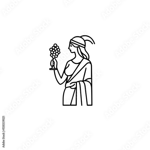 A modern illustration featuring a classical woman statue wearing a laurel wreath, clutching a glass of wine and grapes. The fictional character is presented as a scratchboard imitation sketch