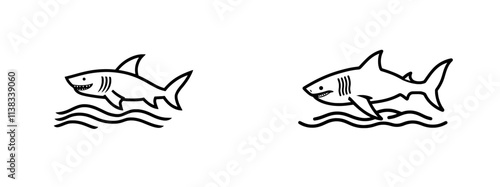 A modern illustration featuring a fierce shark emerging from stylized ocean waves, with sun rays in a bold design sketch engraving, created using a scratch board imitation in black and white.