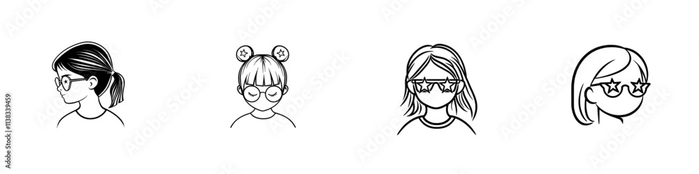 A young girl with styled curls and star-shaped sunglasses, depicted in a playful and quirky sketch engraving, created with generative AI in PNG format. Scratchboard imitation, black and white image. A young girl with styled curls and star-shaped sunglasses, depicted in a playful and quirky sketch engraving, created with generative AI in PNG format. Scratchboard imitation, black and white image.