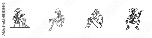 A sketch engraving of a skeleton cowboy, complete with a revolver, hat, and boots, merges Western themes with a spooky, macabre twist in this generative AI PNG illustration, imitating scratchboard