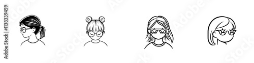 A young girl with styled curls and star-shaped sunglasses, depicted in a playful and quirky sketch engraving, created with generative AI in PNG format. Scratchboard imitation, black and white image.