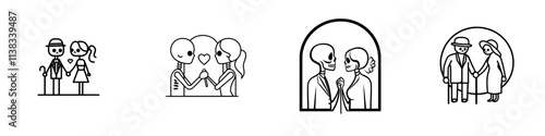 A sketch of a loving skeleton couple, encircled by hearts, captures a whimsical mix of romance and the macabre with a touch of generative AI, in a black and white PNG illustration imitating