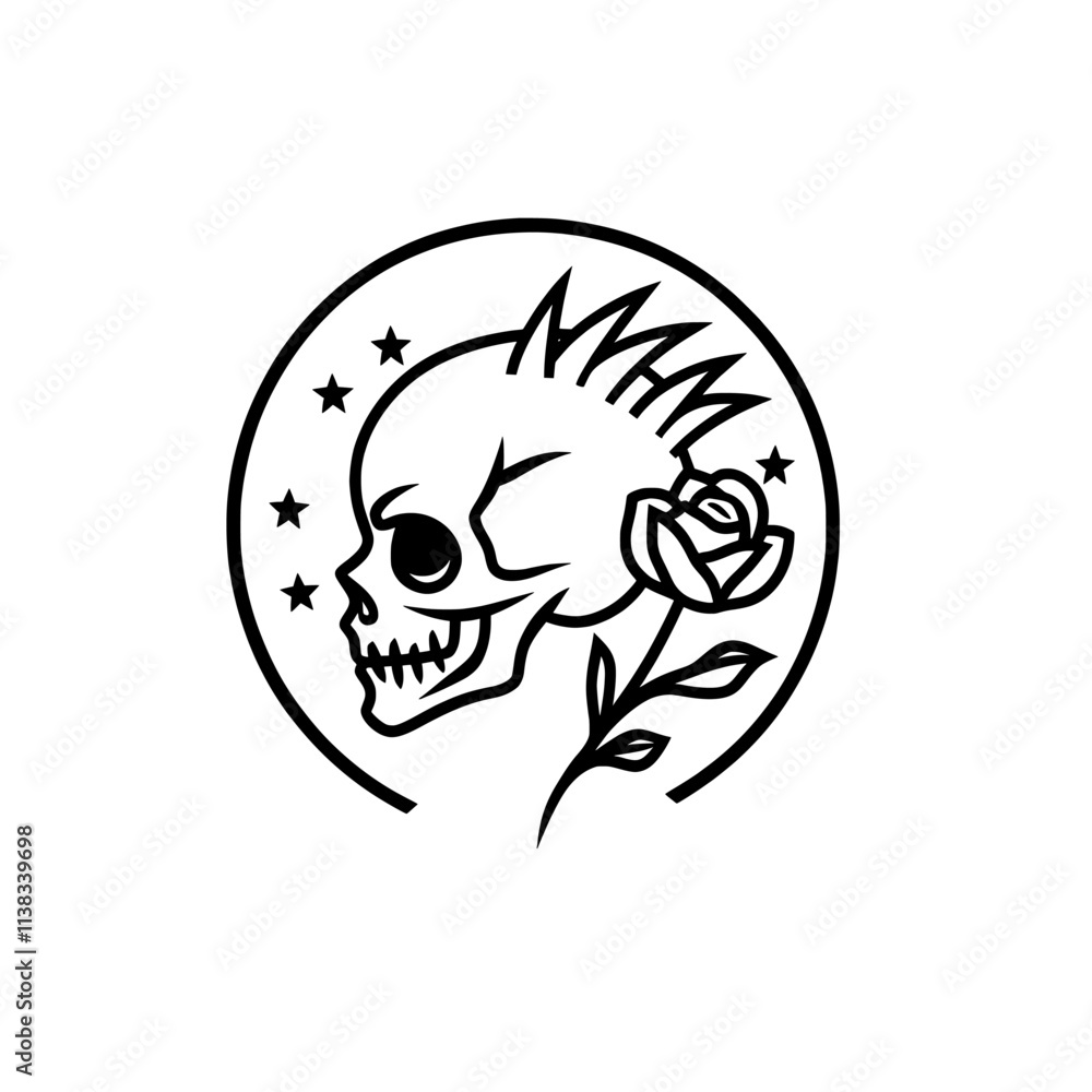 Obraz premium A generative AI PNG illustration in black and white, depicting a punk skull with a mohawk surrounded by roses and stars, blending gothic and rebellious themes, with an engraving style imitating
