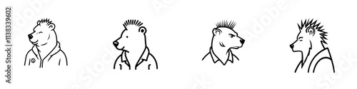 A sketch of a punk bear wearing a spiked leather jacket with a mohawk, exuding a rebellious attitude, created as a generative AI fictional character illustration in black and white, imitating