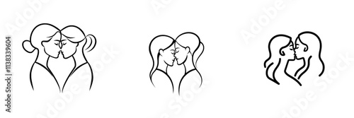 A generative AI illustration in black and white, featuring two women in retro attire, embracing and kissing, depicted as a fictional character in a scratchboard-style PNG engraving.