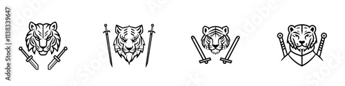 A sketch of a fierce warrior tiger tattoo, featuring chains, spiked armor, and various weapons, engraved in a generative AI fictional character PNG illustration. The image is a scratchboard imitation