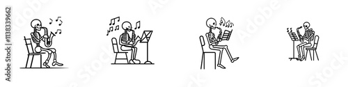 A skeleton jazzing on a saxophone with musical notes swirling around. A fun, quirky, and musical theme sketch engraving, created with generative AI in a PNG format. Scratch board imitation. Black and